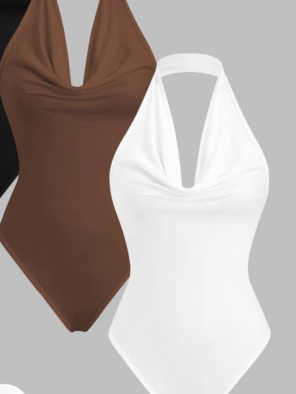 Women’s Halter Bodysuit in White and Brown - Sleek Drape Neck